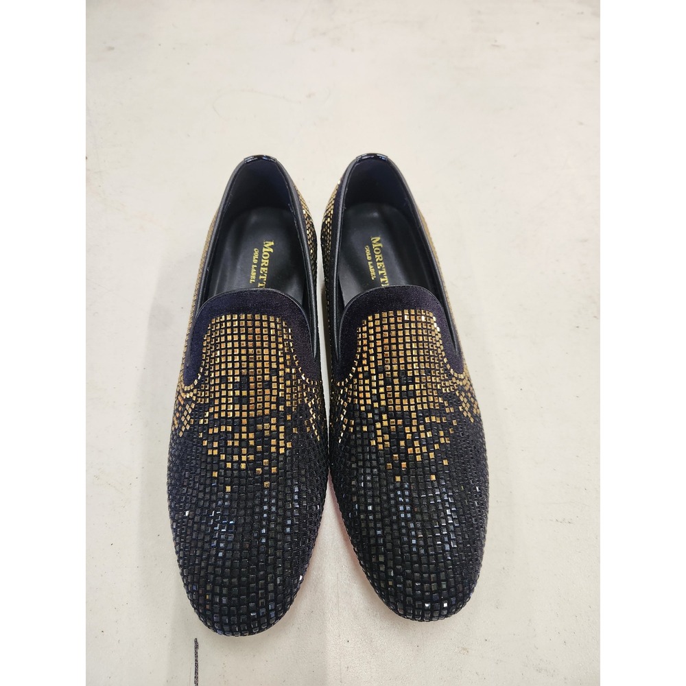 Moretti Gold Label Mens Black Gold Rhinestone Loafers Red Bottom Dress Shoes 10